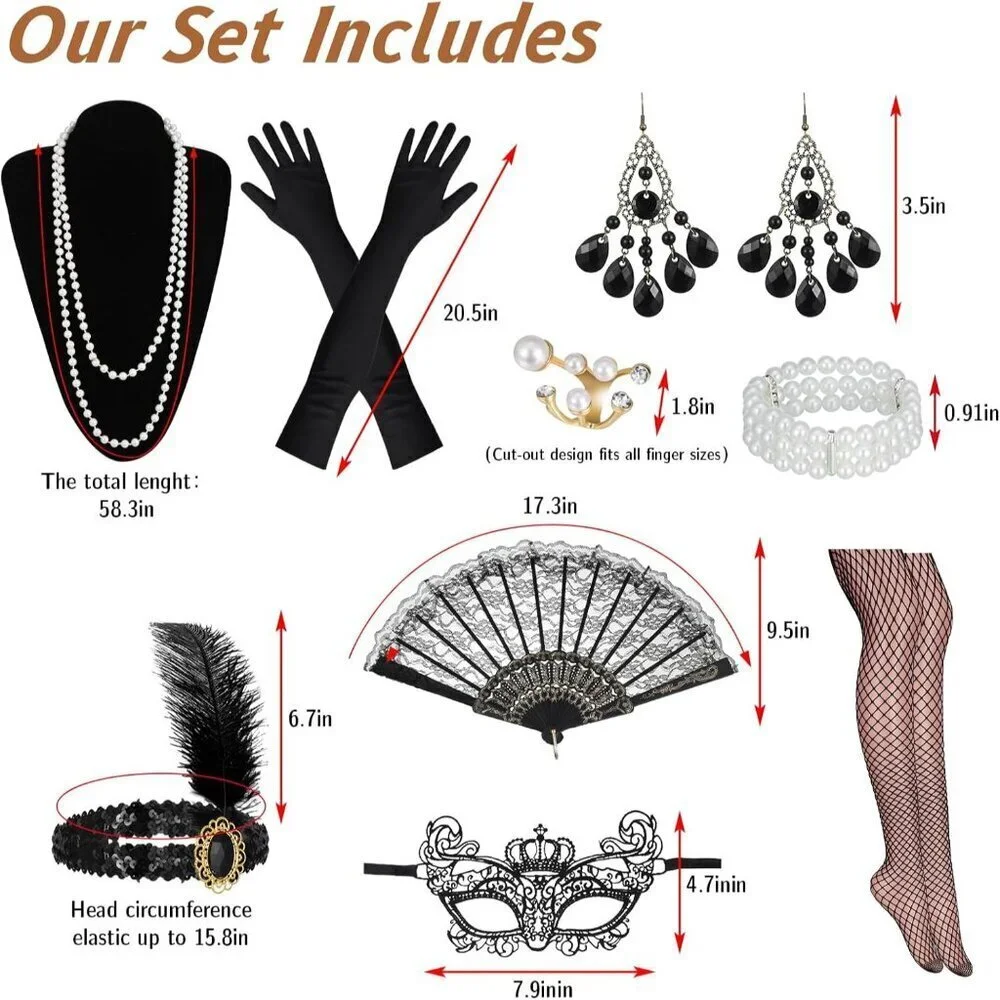 9 Pcs Flapper Accessories Set Women 1920s Costume Roaring 20s Party